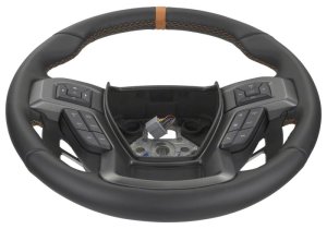 Ford F-150 Steering Wheel Kit - Ford Racing - Raptor Style, Heated - Black Leather with Orange Stitching/Orange Sightline - `15-`17 Ford F-150 Steering Wheel Kit - Ford Racing - Raptor Style, Heated - Black Leather with Orange Stitching/Orange Sightline - `15-`17